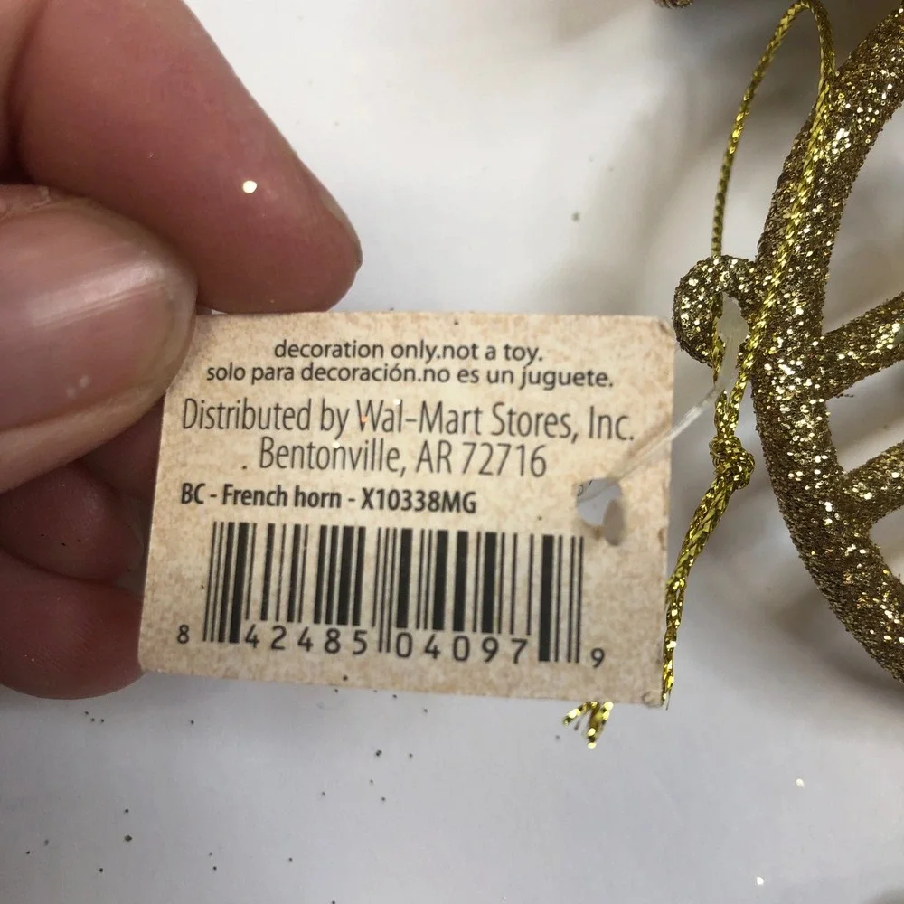 Holiday Time French Horn Christmas Ornament Gold Glitter Set of 10 New‎